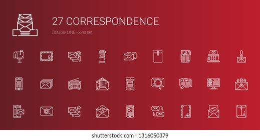 correspondence icons set. Collection of correspondence with envelope, mailing, news, email, mail, love letter, post office, letterbox. Editable and scalable correspondence icons.