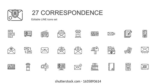 correspondence icons set. Collection of correspondence with envelope, post office, email, news, mailbox, letterbox, mail, mailing. Editable and scalable correspondence icons.