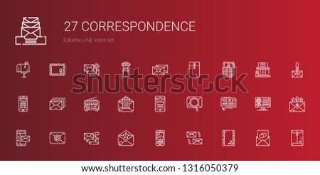 correspondence icons set. Collection of correspondence with envelope, mailing, news, email, mail, love letter, post office, letterbox. Editable and scalable correspondence icons.