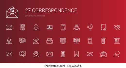 correspondence icons set. Collection of correspondence with mail, love letter, news, email, mailbox, envelope, outbox. Editable and scalable correspondence icons.