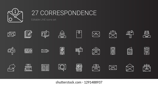 correspondence icons set. Collection of correspondence with mail, news, email, post office, outbox, mailbox, love letter, envelope. Editable and scalable correspondence icons.