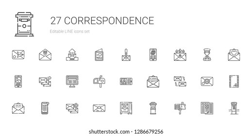 correspondence icons set. Collection of correspondence with mailbox, letterbox, mail, email, news, mailing, envelope, love letter. Editable and scalable correspondence icons.