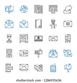 correspondence icons set. Collection of correspondence with mailbox, love letter, email, mail, mailing, news, letterbox, postman, envelope. Editable and scalable correspondence icons.
