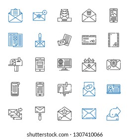 correspondence icons set. Collection of correspondence with outbox, email, mail, news, love letter, mailbox, envelope. Editable and scalable correspondence icons.