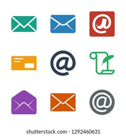 correspondence icons. Trendy 9 correspondence icons. Contain icons such as at email, mail, envelope, feather and paper, email, envelop. correspondence icon for web and mobile.