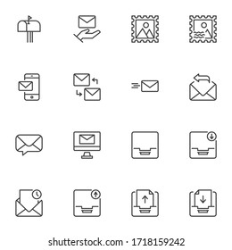 Correspondence line icons set, outline vector symbol collection, linear style pictogram pack. Signs, logo illustration. Set includes icons as email, envelope, news, mailbox, mailing, postcard, mail