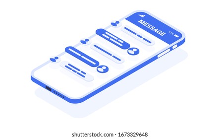 Correspondence in the message is open on the smartphone. Dialogs hang over the phone. Vector isometric image of a message or correspondence in a social network.