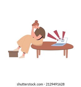 Correspondence on the Internet. The concept of online communication. A sad young girl is upset because of a quarrel on social networks. Cartoon hand-drawn illustration isolated on a white background.