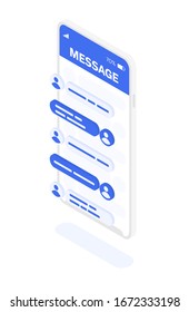 Correspondence is open on the smartphone. Dialogs hang over the phone. Vector isometric image 