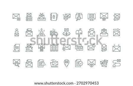 Correspondence and package delivery by courier, mail truck and postbox thin black and red outline symbols vector illustration Mail and online message, notification, email attachment line icon set.