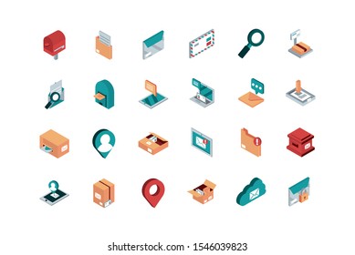 correspondence postal mail isometric icons set vector illustration