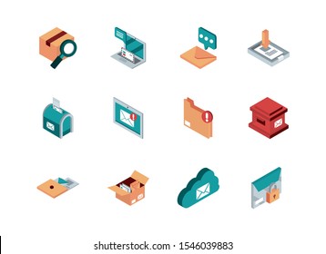 correspondence postal mail isometric icons set vector illustration