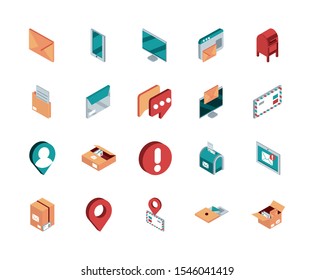 correspondence postal mail isometric icons set vector illustration