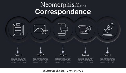 Correspondence set icon. Line icons with clipboard document, envelope mail, smartphone message, scroll letter, feather quill, typewriter device, pen tool, mailbox, email symbol
