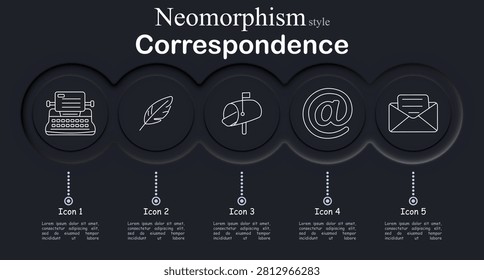 Correspondence set icon. Line icons with typewriter, feather quill, mailbox, email symbol, envelope message, communication tools for sending receiving text.