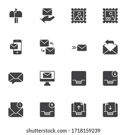 Conjunto de iconos vectoriales de correspondencia, colección moderna de símbolos sólidos, paquete pictograma estilo relleno. Señales, ilustración del logotipo. El conjunto incluye iconos como correo electrónico, sobre, noticias, buzón, correo, postal, correo
