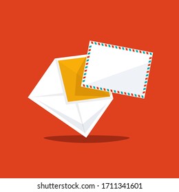 Correspondence Vector Symbol. Message Icon. Open Envelope with Empty Paper on Red Background. Communication Concept.