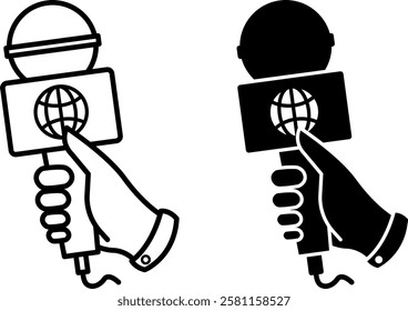 Correspondent Icons. Black and White Vector Icons. Hand Holding Microphone. Journalist Interview. Journalism Concept