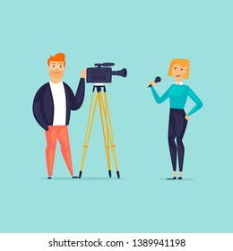 Correspondent and operator. Video filming, reporting. Flat design vector illustration.