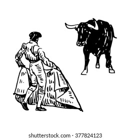 Corrida, bullfighting in Spain. A bullfighter awaiting for the bull. Hand drawn pencil sketch. Vector illustration