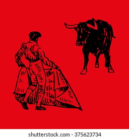 Corrida, bullfighting in Spain. A matador awaiting for the bull. Hand drawn sketch on red background. Vector illustration