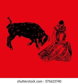 Corrida, bullfighting in Spain. A matador awaiting for the bull. Hand drawn sketch on red background. Vector illustration