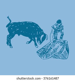 Corrida, bullfighting in Spain. A matador awaiting for the bull. Hand drawn on blue background. Vector illustration