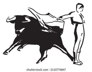 Corrida, bullfighting in Spain. Matador, bullfighter, bull fight. Hand drawn ink sketch. Vector illustration