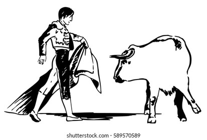 Corrida, bullfighting in Spain. Matador, bullfighter, bull fight. Hand drawn sketch. Vector illustration.