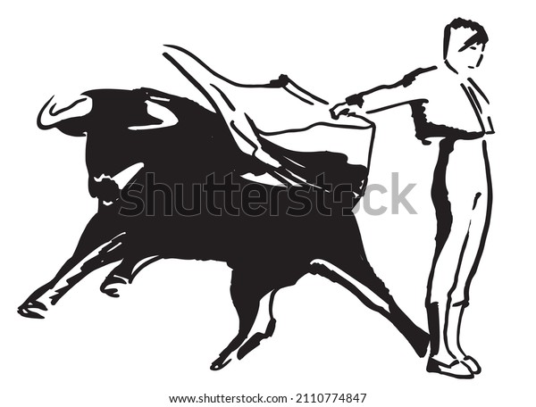 Corrida, bullfighting in
Spain. Matador, bullfighter, bull fight. Hand drawn ink sketch.
Vector illustration