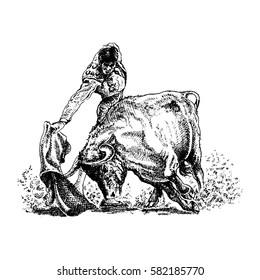 Corrida, bullfighting in Spain. Matador. Hand drawn sketch.