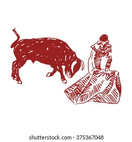 Corrida, bullfighting in Spain. A torero awaiting for the bull. Hand drawn on white background. Vector illustration