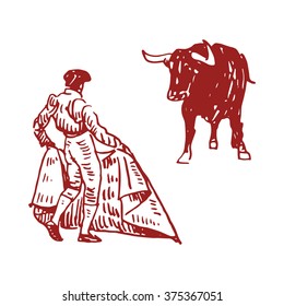 Corrida, bullfighting in Spain. A torero awaiting for the bull. Hand drawn on white background. Vector illustration