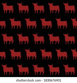 Corrida Bulls Seamless Pattern Silhouettes Background Red on Black