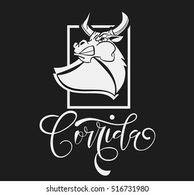 Corrida de toros. Vector illustration aggressive fighting bull. Wild buffalo bull in cartoon style for mascot and emblems, logotypes, badges, stickers, stamps, icons, frames, card design set.