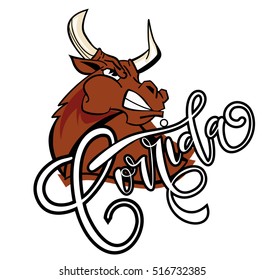 Corrida de toros.Vector illustration aggressive fighting bull.Wild buffalo bull in cartoon style for mascot and emblems, postcards, logotypes, badges, stickers, stamps, icons, frames, card design set.