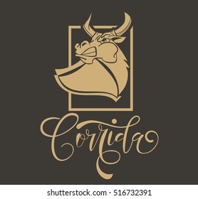 Corrida de toros.Vector illustration aggressive fighting bull.Wild buffalo bull in cartoon style for mascot and emblems, postcards, logotypes, badges, stickers, stamps, icons, frames, card design set.