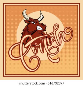 Corrida de toros.Vector illustration aggressive fighting bull.Wild buffalo bull in cartoon style for mascot and emblems, postcards, logotypes, badges, stickers, stamps, icons, frames, card design set.