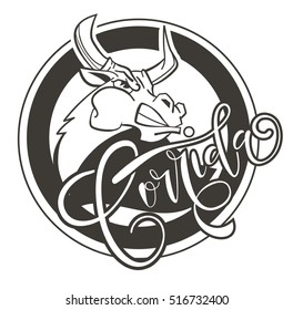 Corrida de toros.Vector illustration aggressive fighting bull.Wild buffalo bull in cartoon style for mascot and emblems, postcards, logotypes, badges, stickers, stamps, icons, frames, card design set.