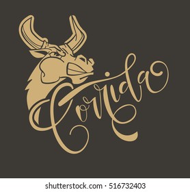 Corrida de toros.Vector illustration aggressive fighting bull.Wild buffalo bull in cartoon style for mascot and emblems, postcards, logotypes, badges, stickers, stamps, icons, frames, card design set.