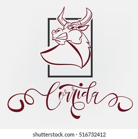 Corrida de toros.Vector illustration aggressive fighting bull.Wild buffalo bull in cartoon style for mascot and emblems, postcards, logotypes, badges, stickers, stamps, icons, frames, card design set.