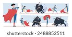 Corrida. Spanish bullfight performance with bull matador and toreadors exact vector cartoon illustrations set