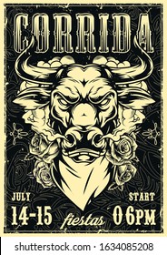 Corrida vintage template with ferocious bull head in scarf and different inscriptions in monochrome style vector illustration