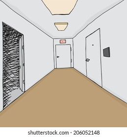 Corridor cartoon background with open door into darkness