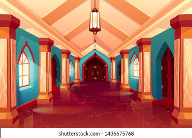 Corridor of castle or historical hotel, palace column hall, empty interior, gorgeous hallway with pillars and marble floor, antique architecture background perspective view Cartoon vector Illustration