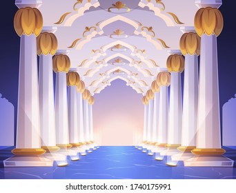 Corridor with columns and arches in palace. Vector cartoon interior of hallway with white marble pillars with golden ornament. Empty gallery with baroque colonnade illuminated by floor spotlights