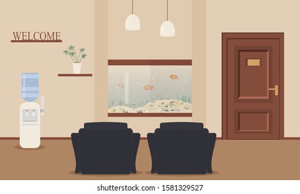 Corridor with cute fish tank.Aquarium with fish as design element for interior of sitting room,office,waiting area for visitors,hotel.Wooden decor letters on shelves: welcome, door.Vector illustration