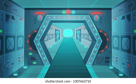 Corridor with a door in a spaceship.Vector cartoon background interior room sci-fi spaceship. Background for games and mobile applications.