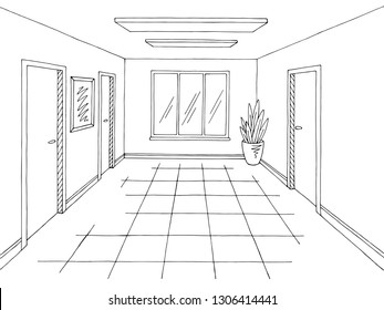 Corridor graphic black white interior sketch illustration vector