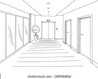 Corridor graphic black white interior sketch illustration vector